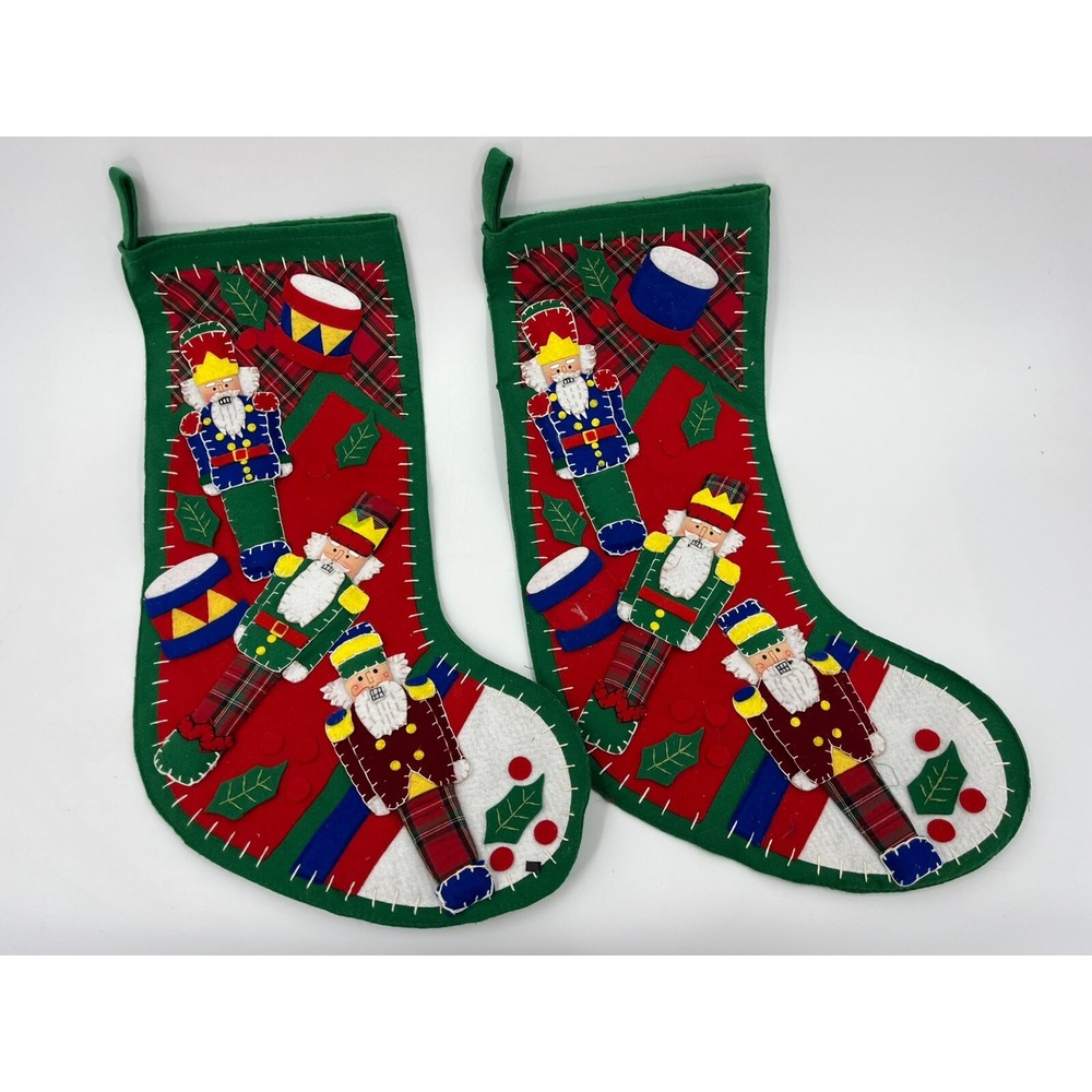 Pair of Vintage Felt Applique Nutcracker Toy Soldier Christmas Stockings